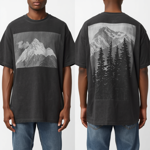 T-shirt Premium pour Homme, Coupe Oversize à Épaules Tombantes, Effet Délavé Acide, avec Motif Montagne Vintage, en Coton Épais - Product Image 4