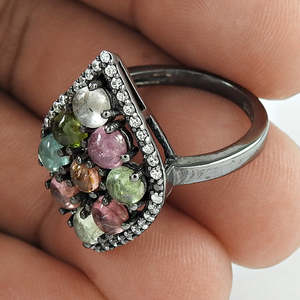 925 Sterling Silver Natural Multi Tourmaline & <b>CZ</b> Gemstone Prong Setting Vintage Wedding Bridal Bohemian <b>Ring</b> In Premium Quality - Product Image 1