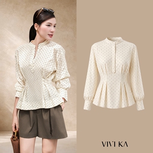 Chemisier en lin à pois pour femme, col mandarin, manches longues, taille smockée, haut décontracté pour le bureau, lin naturel IRENE - Product Image 1
