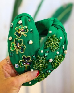 Luxury Green and White Beaded Shamrock <b>Headband</b> Handmade Rhinestone Clover Knot Hairband for Women and Girls St Patrick’s Day - Product Image 1
