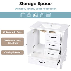 Mueble de Baño de Madera Maciza de 30 Pulgadas con Lavabo, Puerta, Tres Cajones, Tablero de MDF y Patas Ajustables - Product Image 3