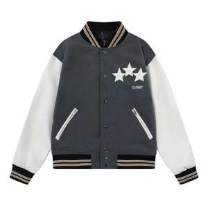 Chaqueta de cuero y algodón gris con cuello alto, logotipo frontal, diseño de diamantes gruesos, chaqueta universitaria personalizada para hombre, chaqueta varsity para hombre - Product Image 1