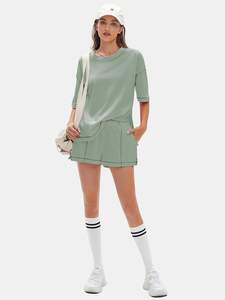 Conjunto de Verano para Mujer, Dos Piezas, Estilo Dulce y Elegante, Camiseta de Manga Corta y Pantalones Cortos, Ecológico, Transpirable, Informal - Product Image 3