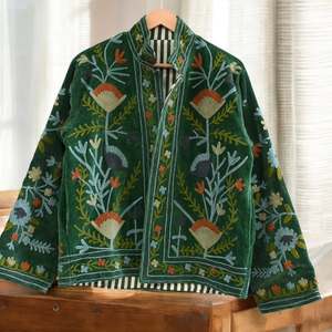 Turquoise Hand Embroidered Floral <b>Jacket</b> <b>Mandarin</b> <b>Collar</b> Full Sleeve Cotton Prairie Chic Spring Style Open Stitch - Product Image 2