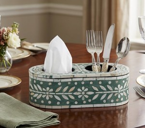 Luxury Mother of Pearl Inlay Oval Tissue Box <b>Cover</b> with Utensil Organizer Decorative Tissue Holder for <b>Dining</b> <b>Table</b>, Kitchen - Product Image 6