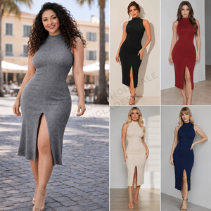Robe en tricot pour femme, livraison rapide, déstockage, longueur genou, fente latérale, style simple, prête à être expédiée, robe moulante, en stock - Product Image 2