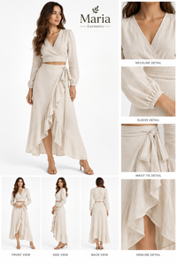 Premium Quality Summer Vacation Skirt Set-Beige Elegant Wrap Crop Top with Modern Casual Ruffled <b>Knee</b> Length Breathable Skirt - Product Image 5