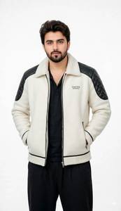 ONETEN APPAREL <b>Men</b> Streetwear Color Block Fleece Zip-Up Quilted Leather <b>Jacket</b> with Turn-Down Collar Winter OEM Service - Product Image 3