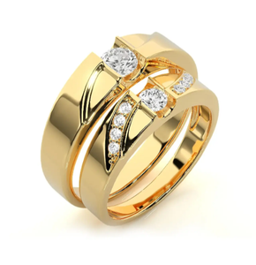 925 Sterling Silver Gold Plated <b>Couple</b> <b>Rings</b> with Cubic Zirconia Solitaire Design <b>for</b> Wedding - Product Image 2