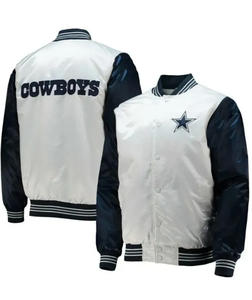 แจ็คเก็ตวาร์ซิตี้ผ้าซาตินสีขาวแบบกำหนดเองสำหรับผู้ชาย แจ็คเก็ตบอมเบอร์แขนสีน้ำเงินกรมท่า ปักดาว ขายส่ง ชุดยูนิฟอร์มเบสบอลแบบ Letterman - Product Image 1