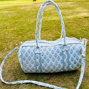 Bolsa de Viaje de Fin de Semana Acolchada de Algodón Hecha a Mano, Bolsa de Lona de Gran Capacidad con Estampado de Bloques, Bolsa de Mano Duradera para Mujer - Product Image 2