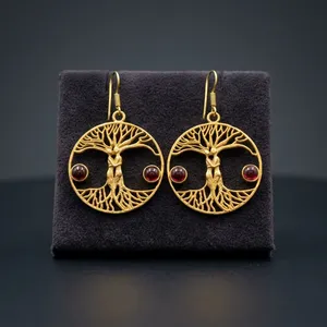 Wholesale Natural Garnet Cabochon Brass <b>Earrings</b> Handmade Red Gemstone Dangle Jewelry - Product Image 1