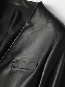 Black PU <b>Leather</b> V-Neck Bomber Jacket <b>Belt</b> Tie Waist Long Sleeve Lightweight Breathable Casual Regular Coat Autumn Wear - Product Image 3