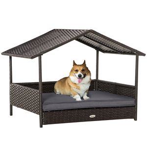Cuccia Rialzata per Cani in Vimini con Motivo a Righe, Cuccia per Gatti in Rattan PE con Cuscino Grigio e Tettuccio - Product Image 1