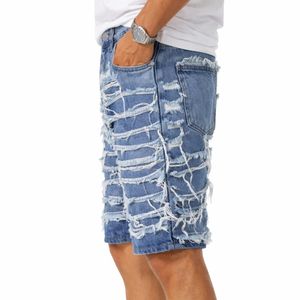 Pantalones Cortos de Mezclilla para Hombre, Lavado Claro, Cintura Media, Estilo Hip Hop, Desgastados, Rotos, Estilo Urbano, Corte Regular, Largura hasta la Rodilla, Aspecto Vintage - Product Image 4