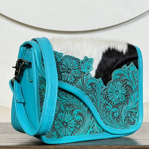Sacs à bandoulière pour femmes en cuir de vachette véritable de haute qualité, faits à la main, design floral luxueux, sacs à main turquoise - Product Image 4