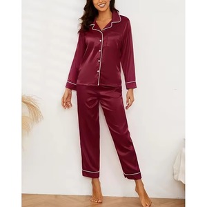 Fournisseur en gros de vêtements de nuit pour femmes personnalisés, respirants, 100% soie, col en V, chemise à manches longues en soie douce, pantalon, couleur saisonnière - Product Image 3