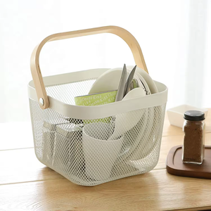 <strong>Small</strong> Square Metal <strong>Laundry</strong> <strong>Basket</strong> with Wood or Bamboo Handle for Bathroom or Kitchen Use for Food or Clothing Storage - Product Image 3