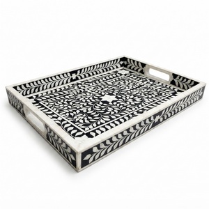Plateau de service rectangulaire de luxe fait main avec incrustation de nacre motif écailles de poisson bleues, mosaïque de coquillages Capiz, décoration de table basse - Product Image 6