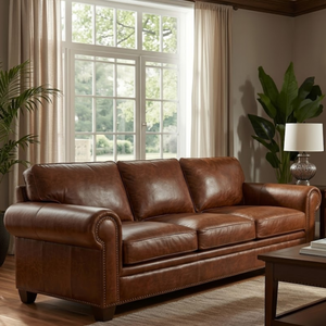 Classic Genuine Leather Three Seater <b>Sofa</b> with Rolled Arms and Nailhead Trim Traditional <b>Living</b> <b>Room</b> Furniture for Hotel - Product Image 1
