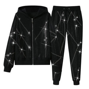 Distressed Vintage Sweatpants and Hoodie Set New Winter Arrival Streetwear Hooded Solid Warm Rhinestone Tracksuit <b>Men</b> Tracksuit - Product Image 1