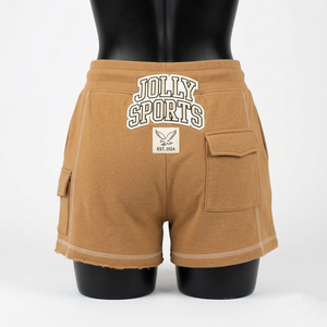 Shorts deportivos de algodón para mujer, color marrón claro, con paneles laterales y logotipo personalizado impreso. - Product Image 2