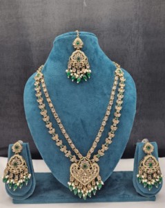 Pear Cut Stone Dual Layer Necklace With Earrings and Mangtika For Women Traditional Ethnic Wear Designer <b>Jewellery</b> Manufacturers - Product Image 5