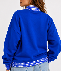 Wholesale Custom Women’s Turtleneck Pullover Sweatshirt Gingham Polka <b>Patchwork</b> Drop Shoulder Breathable Cotton <b>Top</b> - Product Image 5