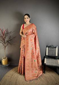 banarasi silk <b>saree</b> with floral print traditional paisley border festive wedding wear <b>saree</b> with <b>blouse</b> - Product Image 3