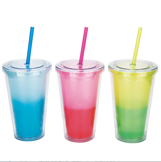 Factory Wholesale Fashion Reusable Color Changing Cup Travel Mug Sport Juice Plastic Drinking Cups with Lid and Straws