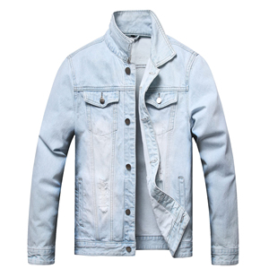 Veste en jean délavé bleu clair unisexe, col montant, couleur unie, coupe classique, 100% coton, respirante, écologique, coupe-vent - Product Image 5