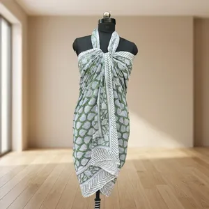 Vestido de Baño de Algodón Viscosa con Estampado de Hojas Verdes para Mujer, Estilo Halter Cruzado con Torcedura, Cubrebaño de Playa de Ajuste Regular - Product Image 2