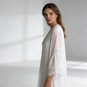 Gran oferta en Temu: Vestido de novia largo blanco elegante para mujer con ribete de encaje, manga acampanada y frente abierto, ideal para bodas y luna de miel. - Product Image 6