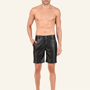 Pantalones Cortos de Cuero Genuino Negro Sólido para Hombre, Cierre con Botones, Cintura Media, Bolsillos con Cordón, Tejido Transpirable de Secado Rápido - Product Image 3