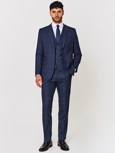 Traje de Negocios para Hombre, Azul a Cuadros, de Lana, Corte Regular, Cuello de Solapa, Antiarrugas, Estilo Británico - Product Image 1