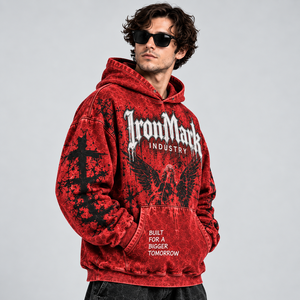 เสื้อฮู้ดดี้ผู้ชาย IronMark รุ่นกันน้ำสำหรับฤดูหนาว สีแดง ไซส์ใหญ่ สไตล์สตรีทแวร์ พิมพ์ลายเทวดา ด้านหน้ามีโลโก้และกระเป๋าเสื้อ - Product Image 3
