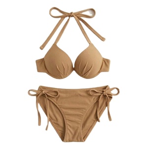 Women's Solid Color Bikini Set <b>Crossed</b> Halter <b>Top</b> Tie Side Bottoms Push Up Swimwear Stretch Fabric - Product Image 1