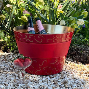 Elegant Red Curved Design Patterned Galvanized Steel Wine <b>Ice</b> Bucket With Gold Interior Premium Party Beverage Tub Supply - Product Image 5