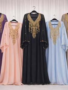 Elegant V Neck Embroidered Abaya Long Sleeve Floor Length Modest Dress Women Middle East Style Polyester Daily Wear - Product Image 6