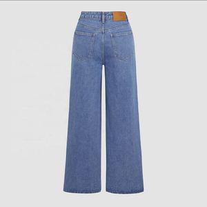 High Waist Wide Leg Denim <b>Pants</b> Medium Wash Blue Sequined Dot Pattern Loose Fit Full Length Cotton Casual Style Button Fly - Product Image 2