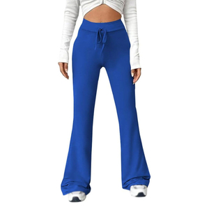 Pantalones Rectos de Cintura Alta para Mujer, Color Azul Sólido, Tejido de Poliéster, Corte Regular Informal, Cintura Elástica, Transpirables para Invierno - Product Image 1