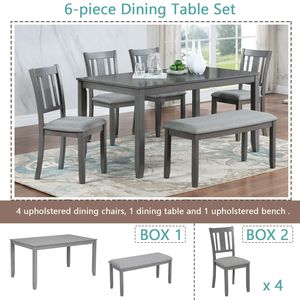 Juego de Comedor de 6 Piezas, Mesa Rectangular de Madera con 4 Sillas Tapizadas y Banco para 6 Personas, Elegante Juego de Comedor - Product Image 3