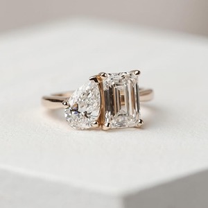 14k Yellow Gold Pear Emerald Diamond <b>Ring</b> 2.60CT Toi Et Moi Lab Grown <b>Two</b> <b>Stone</b> Solitaire Engagement <b>Ring</b> Classic Style - Product Image 1
