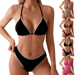 Women's Two Piece Bikini Set Halter Neckline Solid Color Contrast Binding Stretch Swimwear Lace Trim Hipster Bottoms Front <b>Tummy</b> - Product Image 1