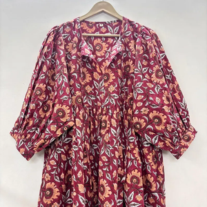 Robe décontractée mi-longue pour femme en coton tissé 100% uni, à manches courtes, taille empire, style babydoll, coupe ample et fonctionnelle à col en V oversize - Product Image 2