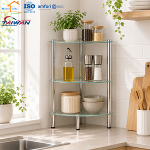 Fabriqué à Taïwan, étagère d'angle en verre trempé à 3 niveaux, support de rangement pour salle de bain avec tubes chromés, ISO9001 - Product Image 6