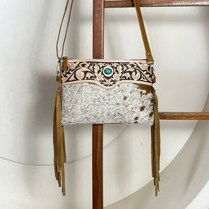 Nouveau sac à bandoulière en cuir de vachette véritable, style western, avec franges, motif floral gravé à la main, accent turquoise, pour femme - Product Image 5