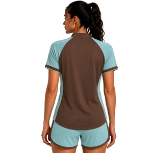 Conjunto Deportivo de Camiseta y Pantalones Cortos para Mujer, Color Marrón y Aqua, con Cierre de Media Cremallera, de Secado Rápido, Manga Corta, para Fitness, Gimnasio, Running, Personalizable - Product Image 2