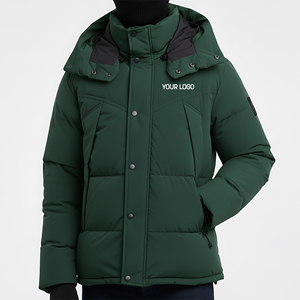 Custom Embroidery Front Turn-down Collar Hood Men's Canvas Puffer <b>Jacket</b> <b>Winter</b> Casual Wear Solid Color Relaxed Fit <b>Waterproof</b> - Product Image 1