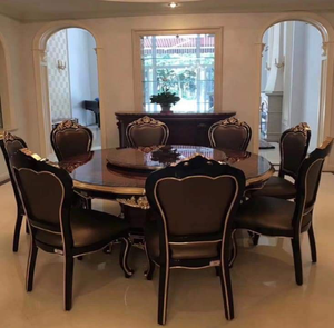 Opulent 8-seater European <b>dining</b> table set featuring silver-gold carved wooden frame and rich deep green <b>velvet</b> <b>chairs</b>. - Product Image 5